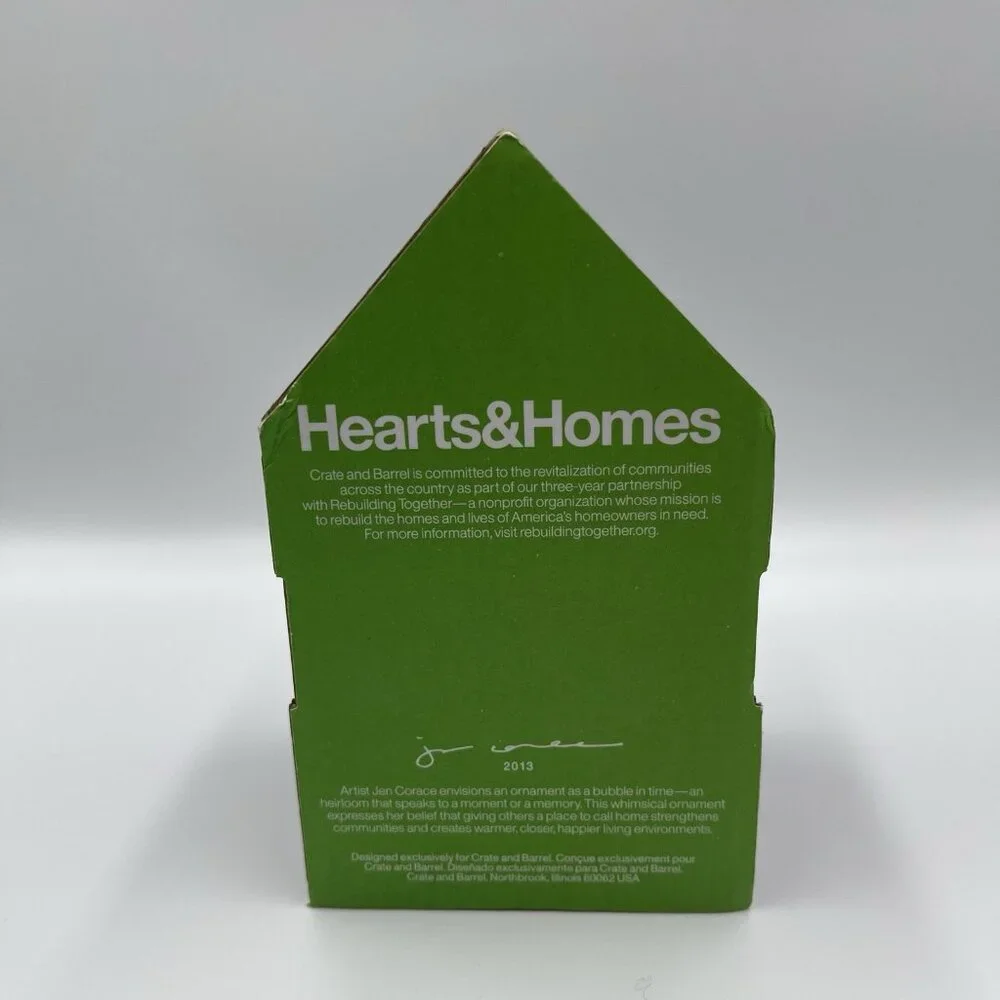 2013 Crate & Barrel Jen Corace Wooden House Christmas Ornament Hearts & Home